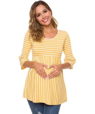 Love2Mi Women Maternity Blouse XL Yellow Stripe A Line Pregnancy Shirt with 3/4 Bell Sleeves - Buy Online on SooperMarket.com