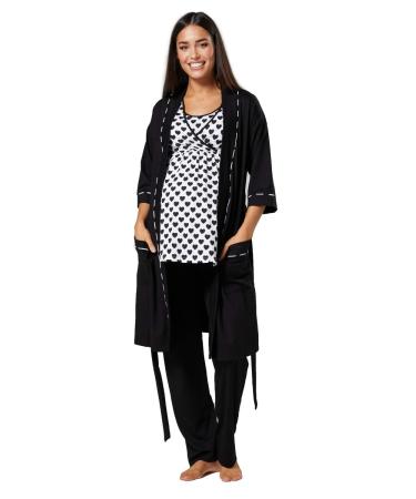 HAPPY MAMA Women's Maternity Nursing 3pcs Nightwear Set: Pants - Top - Robe 558p 8 Black Hearts & Black
