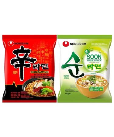 Nongshim Ramen Assorted Bundle Shin Ramyun Soon Veggie Ramyun Instant Noodle Soup 2 Flavours Box Halal (Pack of 40) by CNMART