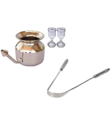 Leak Proof Durable Pure Stainless Steel Neti Pot for Sinus Congestion and Eye Wash Cups Set of 2 Plus Stainless Steel Tongue Cleaner with Comfort Grip