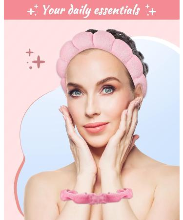 Rovtop SPA Headband 4Pcs Set for Makeup/Skincare - Non-slip Terry Towel Cloth Head band and Wristbands for Women - Pink+Blue - Buy Online on SooperMarket.com