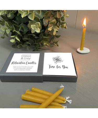 Relaxation Candles by Cotton & Grey. 12 Pure Beeswax Candles and a Ceramic Holder to aid Relaxation Mindfulness and Well-Being