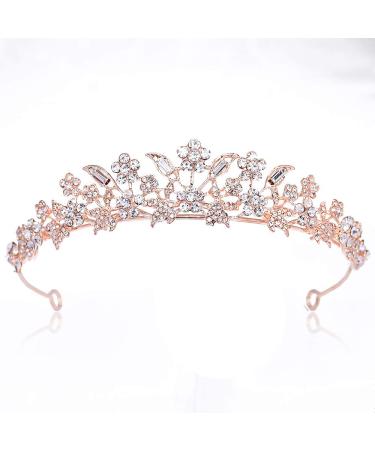 Bridal Rhinestone Crystal Tiara Crown for Women Flower Girls Wedding Prom Birthday Pegeant Veil Tiaras Headband  Rose Gold