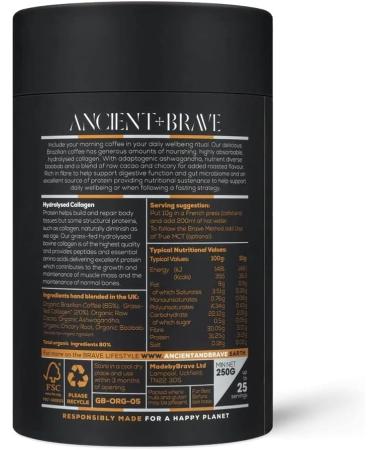 Premium Ancient + Brave Coffee + Collagen Powder 250g - Organic Brazilian Ground Coffee with Grass-Fed Collagen - Cacao, Ashwagandha & Baobab Blend - High Protein Keto | Shop Now - Buy Online on SooperMarket.com
