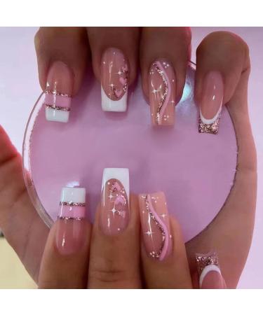 MISUD Press on Nails Long Coffin Fake Nails Glossy Glue on Nails Pink Acrylic Nails Ballerina Artificial Nails Bling Glitter French Tip Stick on False Nails with Desgin 24 pcs V01Pink