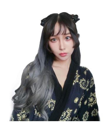 Harajuku Fashion Long Wavy Curly Fluffy U Shaped Wigs Heat Resistant Synthetic Fibre Mixed Gradient Dark Roots Hair for Girls 28inches H A