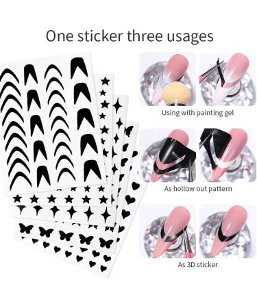 French Tip Nail Stickers - 6 Sheets Funny Printing Decals with Butterfly, Star, Heart Designs for French Manicure - Self-Adhesive 3D Nail Art Templates - Buy Online on SooperMarket.com