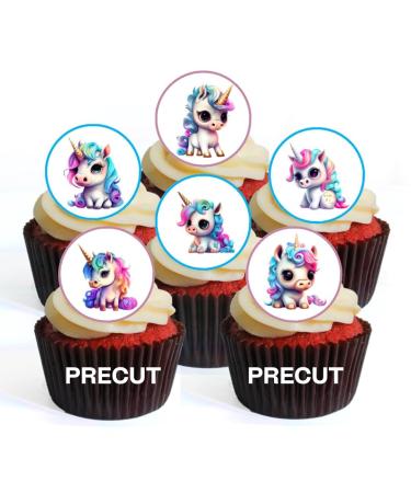 PRECUT Baby Unicorn Edible Cupcake Toppers - Cute Baby Unicorns Theme Premium Thickness SWEETENED VANILLA - wafer card disc cake decorations (Pack of 24)