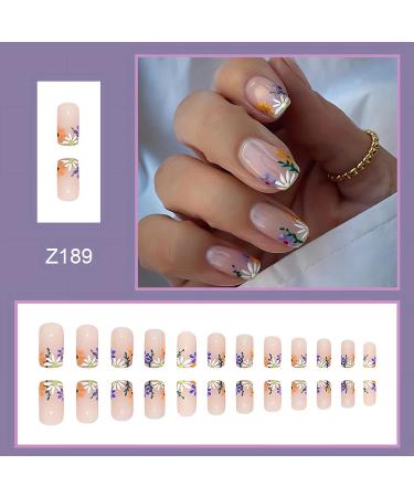 Square Press on Fake Nails 24Pcs Nude Glossy Flower Design - Full Cover Stick on Nails for Women & Girls - Buy Online on SooperMarket.com