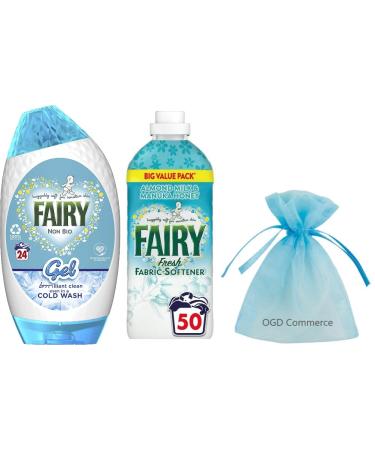 Fairy Non Bio Laundry Washing Gel 24w 840ml & Fairy Fresh Fabric Conditioner Snuggly Soft for Sensitive Skin 50 washes 1.65L Almond Milk & Manuka Honey Scent + for You: Organza Small Bag