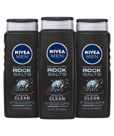 NIVEA MEN Deep Clean Rock Salts Body Wash, Exfoliating Rock Salt Body Wash, 3 Pack of 16.9 Fl Oz Bottles