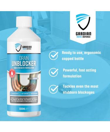 Gardian Drain Unblocker - 500 ml High Strength Drain Cleaner to Effectively Dissolve Clogs on Sinks Showers and Drains - Safe Non-Corrosive Easy-to-Use Drain and Sink Unblocker Liquid - Buy Online on SooperMarket.com