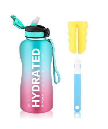 Myforest 2.2 liters/2200ml Large drinking bottle time marking for motivating fluid intake fall-proof BPA-free folding lock/drinking clasp/expansion for cleaning: cold/hot water bottle 2200ml 2.2L Cyan-Pink +Brush