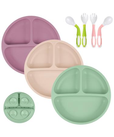 Vicloon Baby Suction Plate 3Pcs Silicone Baby Suction Plates Non Slip Silicone Baby Weaning Plate Divided Dishes for Toddler Kids Self Feeding Fits for Most Highchairs Trays(Green/Pink/Beige)