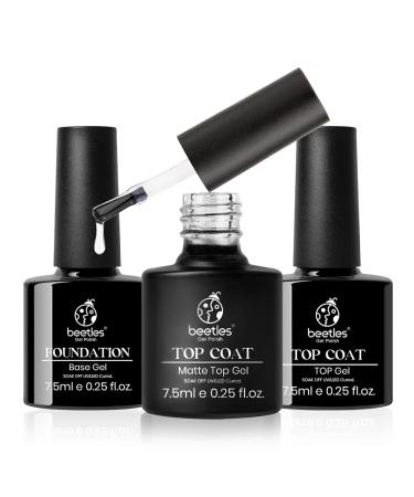 Beetles Gel Nail Polish Base No Wipe Top Coat - Matte Gel Top Coat and Shine Top Gel Base Set Gel Polish Matte Shine Effect Long Lasting DIY Home Soak Off Light Nail Lamp Required 7.5ml Each Bottle Matte Gloss Top Base Coat