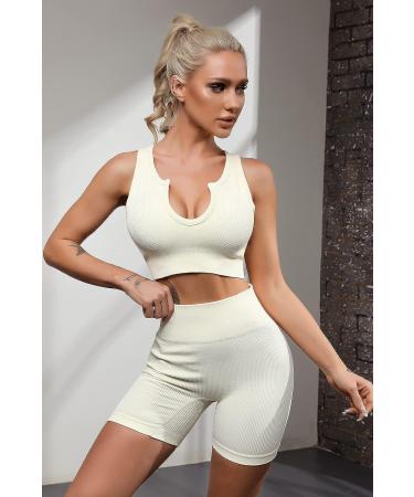 QINSEN Seamless Ribbed Workout Set for Women - Sport Bra & High Waist Shorts - Medium Beige - Buy Online on SooperMarket.com