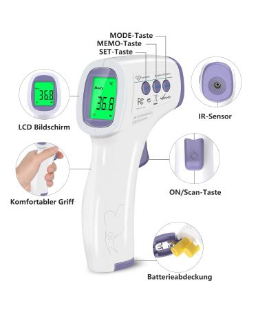 Buy Contactless Infrared Thermometer for Baby Adult & Children - Precise Fever Readings Alarm & 50 Memory Function - Digital LCD Display - White & Purple - Buy Online on SooperMarket.com