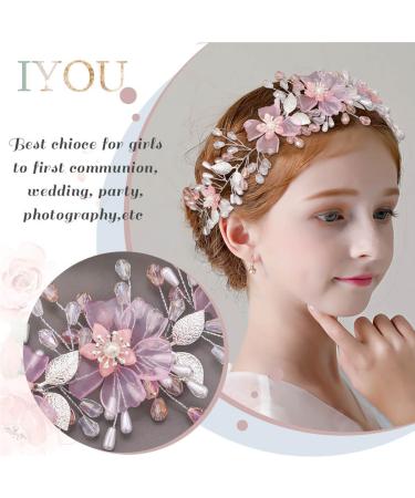 IYOU Flower Girl Headband Pink Floral Headpiece Pearl Leafs Commmunion Hair Vines Bridal Wedding Hair Accessories for Girls - Buy Online on SooperMarket.com