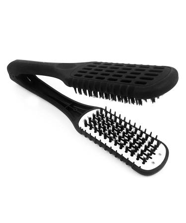 CCbeauty Boar Bristles Clamp Hair Straightener Brush Comb Hair Detangler Brush Hair Styling Tool Double Sided Brush for Hair Styling Straightening Matte Black