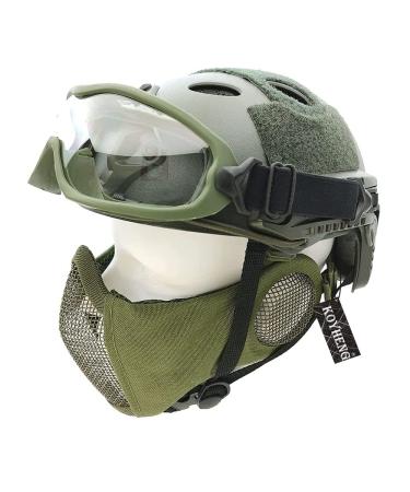 Tactics PJ Type Airsoft Fast Helmet and Foldable Half-Face Mesh Ear Muffs Mask with Goggles Full Face Protection Set OD