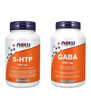 NOW Supplements 5-HTP (5-Hydroxytryptophan) 200mg Plus Tyrosine | GABA (Gamma-Aminobutyric Acid) 500mg Bundle 5-HTP + GABA 500mg Plus Vitamin B6