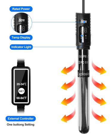 Podazz Aquarium Heater 100W - Immersion Heating for Fish & Turtles Quartz Glass Adjustable Temperature Controller - Buy Online on SooperMarket.com