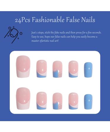 Blue Heart French Style False Nails - 24pcs Medium Square Press on Nails with Glue - Elegant Sweet Fake Nails for Women and Girls - Buy Online on SooperMarket.com