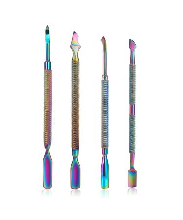 Mwoot 4 Pieces Cuticle Pusher Kit Dual End Nail Gel Polish Removal Pushers Rainbow Color Stainless Steel Manicure Tools for Fingernails and Toenails