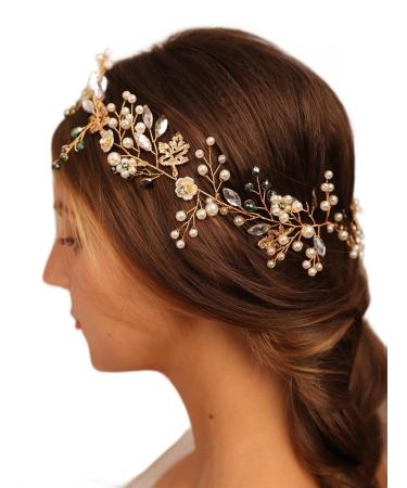 Chargances Handmade Green Rhinestone Headband Floral Gold Leaf Hair Vine Wedding Crystal Long Hair Piece Tiara Bridal Hair Accessories for Women and Girls