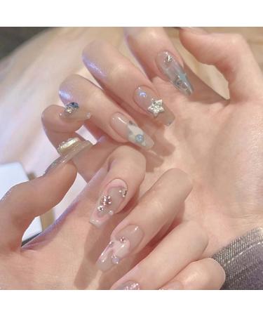 Hkanlre Coffin Press on Nails Medium Fake Bling Nails Ballerina Tips Full Cover 3D Rhinestones False Nude Nails for Women and Girls 24PCS