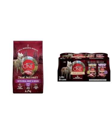 Purina ONE True Instinct High Protein Dry Dog Food Beef & Bison - 6.8 kg Bag & Tender Cuts True Instinct Wet Dog Food in Gravy Variety Pack 2 Flavours - 368 g Can (6 Pack)