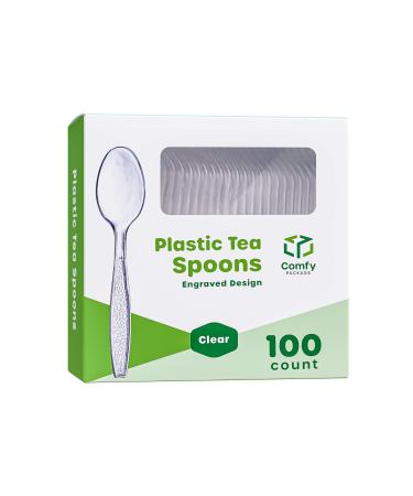 100 Pack Heavyweight Disposable Clear Plastic Tea Spoons - Engraved Design