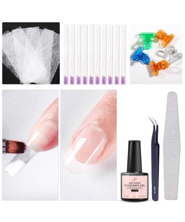 Fiberglass Nail Extension Kit with Building Gel Magical Silk Fiberglass Nail Wrap Form Quick Building Fiber Extension Gel, Nail File, Tweezers, Nail Tips Clip for Gel Extension Nail Art Clear Gel