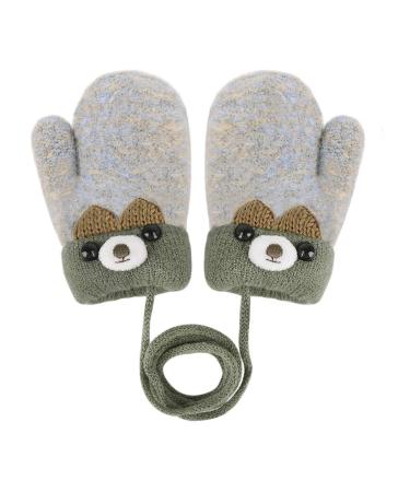 Cute Cartoon Toddlers Kids Knitted Gloves on String Winter Warm Mitten Gloves with Rope for Baby Boys Girls Thick Plush Fleece Lined Hand Warmer Full Finger Ourdoor Sport Thermal Hand Cover Grey