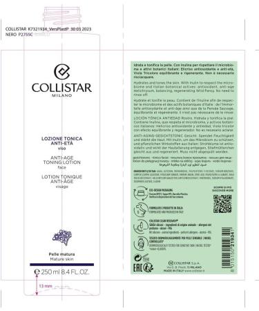 Collistar Anti-Age Toning Lotion for Mature Skin - Silicone-Free & Vegan - 250ml Made in Italy | International Shipping - Buy Online on SooperMarket.com