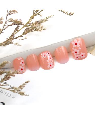 Cherry Blossom Flower Press on Nails - Short Pink Square Fake Nails with Nail Glue | French Acrylic Full Cover False Nails for Women & Girls - 24PCS - Buy Online on SooperMarket.com
