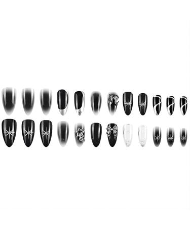 Buy Almond Press on Nails - Medium Black Ombre False Nails with 3D Bow Designs & Star Charms | Glossy Acrylic Stick-On Nails for Women - 24PCS - Buy Online on SooperMarket.com