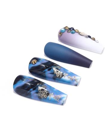 Brishow Coffin Artificial Nails - 24 Strass Press On Long Blue Marble Acrylic Ballerina Nails for Women & Girls - Buy Online on SooperMarket.com