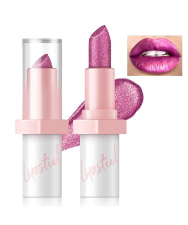 Metallic Pink Lipstick Long Lasting High Shine Glitter Diamond Creamy Lipstick Transfer Proof Shimmer High Impact Lip Color Full Coverage Non Stick Cup Lightweight Lip Makeup for Women#2