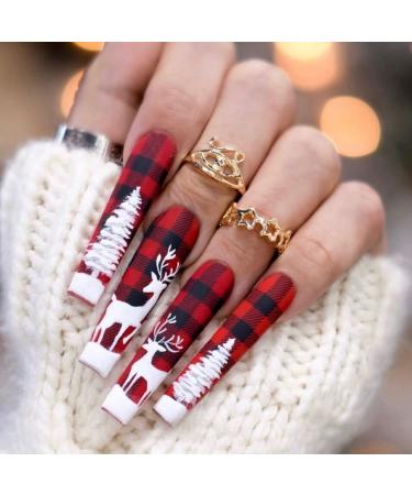 Vatocu Christmas False Nails Long Xmas Press on Nails Snowflakes Glitter Fake Nails Ballerina Acrylic Stick on Nails for Women and Girls(24pcs) J