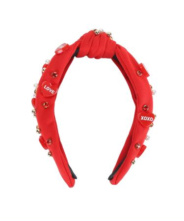 Knotted Headbands for Women Girls Heart Rhinestone Embellished Fashion Head Band for Valentine Day Date Night Birthday Party (Red)