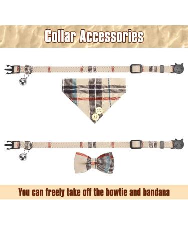 Classic Plaid Bow Tie Cat Collar with Bell - 2 Pack Adjustable Collars for Cats and Small Dogs - Beige Plaid Design - Buy Online on SooperMarket.com