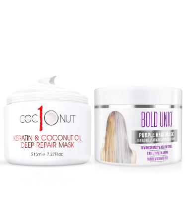 Purple Hair Mask For Blonde, Platinum, Bleached, Silver, Gray, Ash & Brassy Hair & Coconut Hair Mask with Keratin Bundle - Remove Yellow Tones and Condition Dry, Damaged Hair - Cruelty Free & Vegan