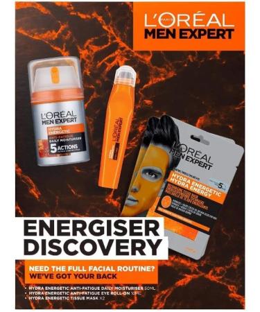 L Or al Paris Men Expert Energiser Discovery Giftset for Men Anti-fatigue Moisturiser 50ml Revitalising Eye Roll On 10ml and Recharging Tissue Mask 30g Hydra Energetic Trio With Vitamin C* - Buy Online on SooperMarket.com