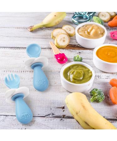 Vicloon Baby Fork and Spoon Set - 2 Pcs Infant Silicone Training Utensils for Baby Led Weaning - Self Feeding Learning Spoons - Blue - Buy Online on SooperMarket.com