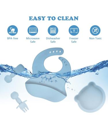 Vicloon Baby Weaning Set - 4 Pcs Silicone Feeding Set | BPA Free Suction Plate, Bib, Spoon, and Fork | Toddlers and Kids Plates | Blue Bear Sucker | Gift for Kids - Buy Online on SooperMarket.com