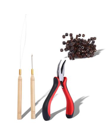 FILFEEL Hair Extension Kit 100PCS Silicone Beads Dark Brown Microrings & Hook Needle & Pull Loop & Plier Tool