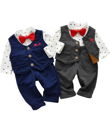 Famuka Baby Boy 3 Piece Formal Outfit Suit with Bows Waistcoat Gentleman Tuxedo Navy - Size 1-3 Months - Buy Online on SooperMarket.com