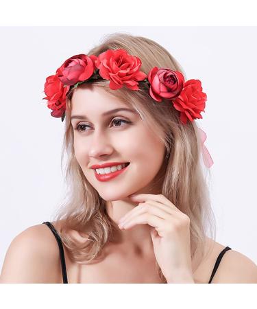 Wiwpar Rose Floral Crown Flower Hair Wreath Headband Garland with Adjustable Ribbon Wedding Party Headpiece for Women (Red)
