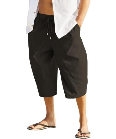 COOFANDY Men Cotton Linen Capri Pants - Drawstring Baggy Harem Yoga Beach Pants, Dark Brown - Buy Online on SooperMarket.com